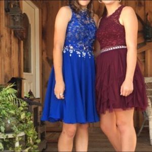 Blue homecoming dress with mesh and sequins.